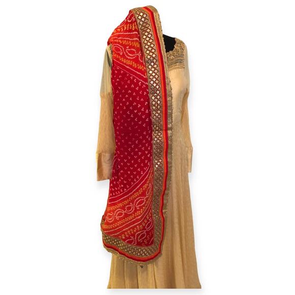 Anarkali Suit With Bandhani Dupatta Royal Neckline Gold Embellishment - Picture 3 of 9